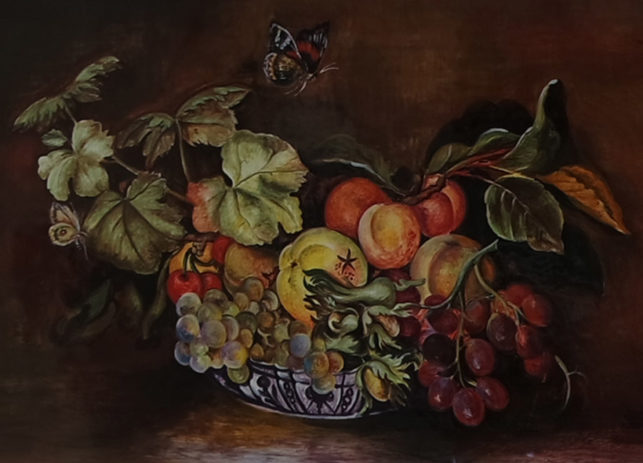 ceramic painting with still life basket, inspired by Caravaggio