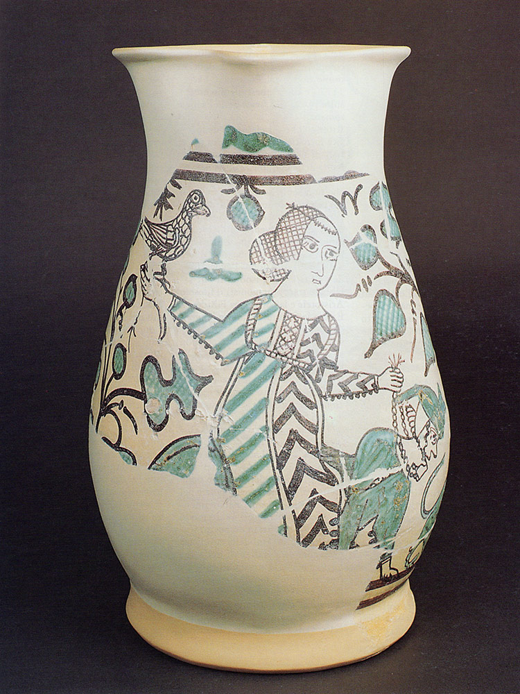 boccale arcaico con donna (Fillide) che cavalca un uomo (Aristotele), maiolica di Faenza, fine XIV secolo