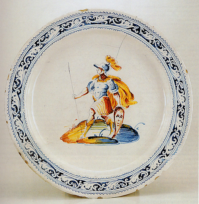 bacile di maiolica decorato in stile Compendiario. Faenza, fine XVI secolo