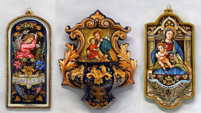 3 acquasantiere raffaellesche: arcangelo Gabriele Annunciazione, San Giuseppe e Gesù bambino, Madonna con Bambino