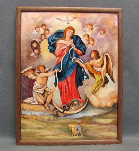 Mary, Untier of Knots, faience ceramic tile