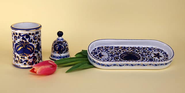 decorazione Melograno ceramiche portapenne, vassoietto e campanella per la casa e l'ufficio - decoro Melograno di Faenza